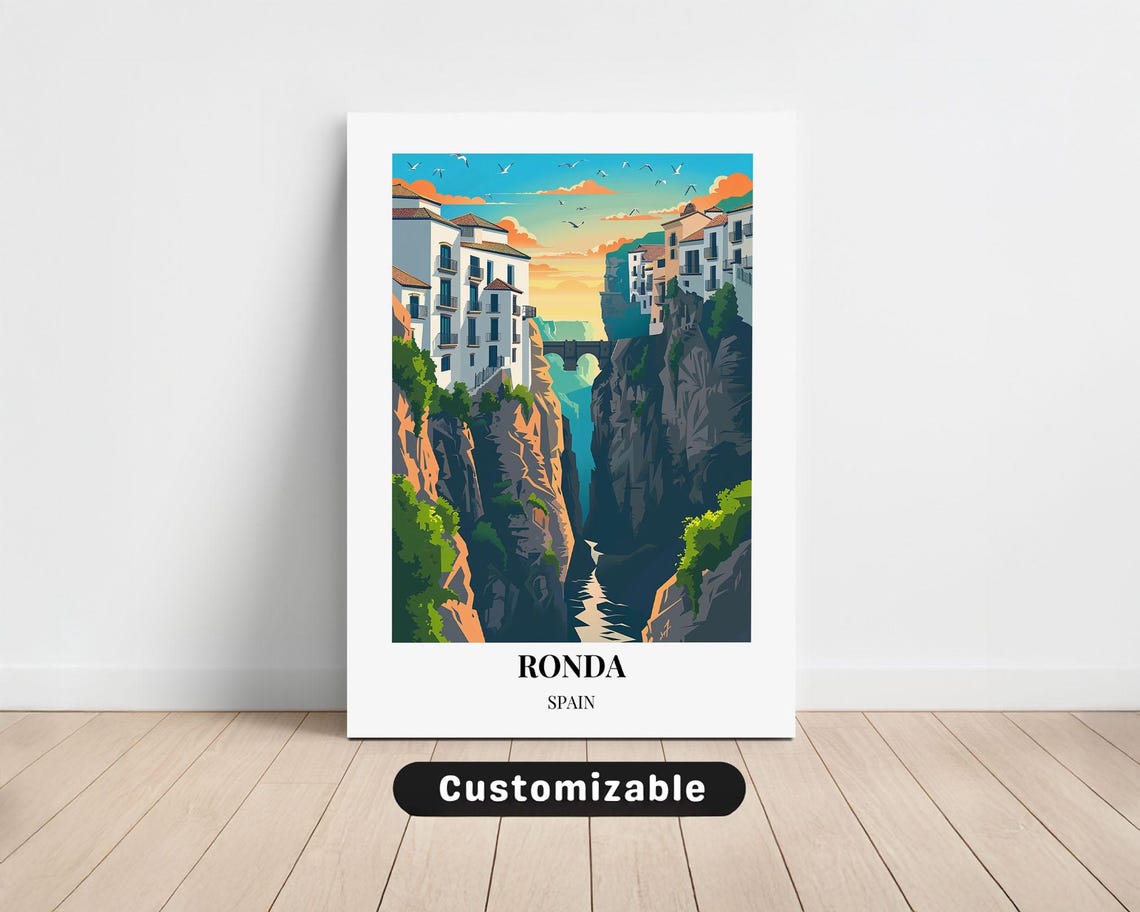 Ronda Spain Travel Poster Puente Nuevo Bridge Gorge Sunset View Art