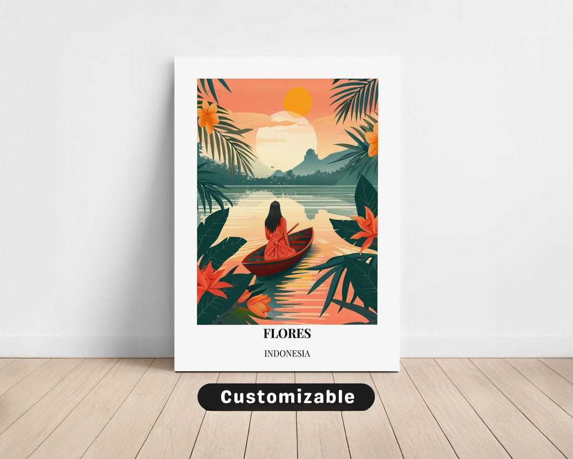 Flores Indonesia Golden Sunset Canoe Woman Tropical Travel Poster