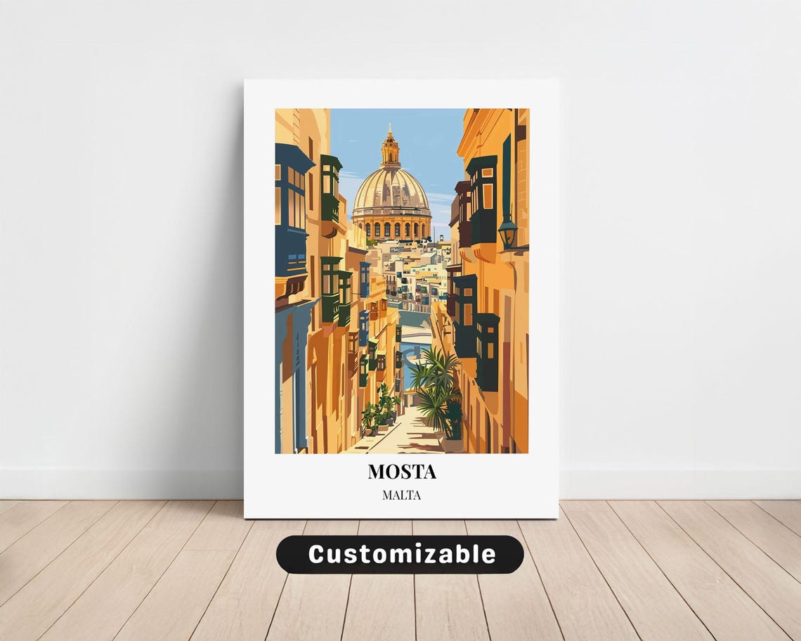 Mosta Malta Travel Poster Golden Street Leading to Grand Rotunda Dome