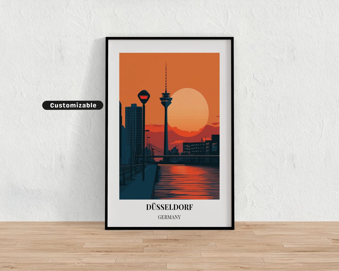 Düsseldorf Germany Vintage Travel Art Rhine Sunset And Tower Poster
