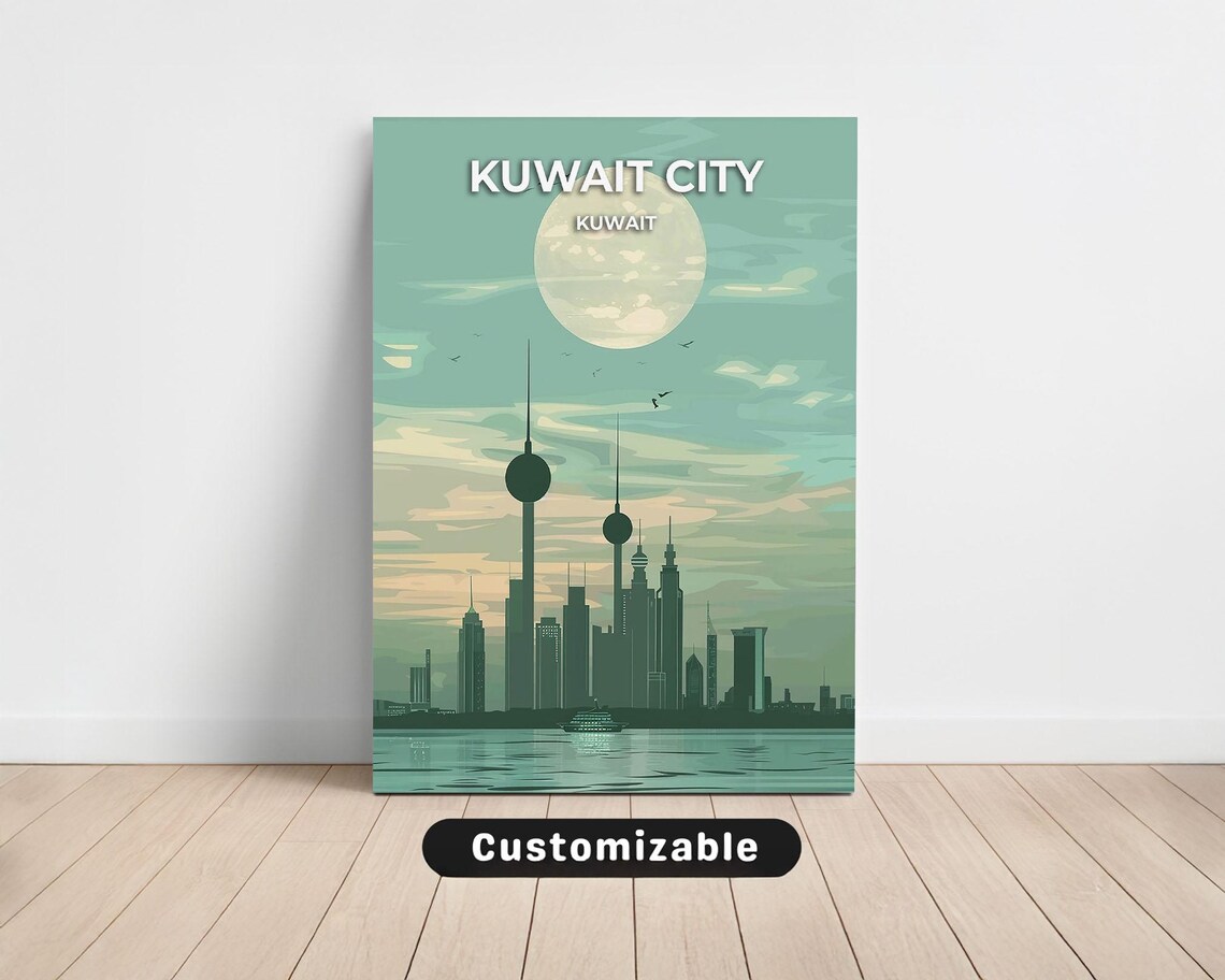 Kuwait City Kuwait Teal Skyline Kuwait Towers Moon Travel Poster