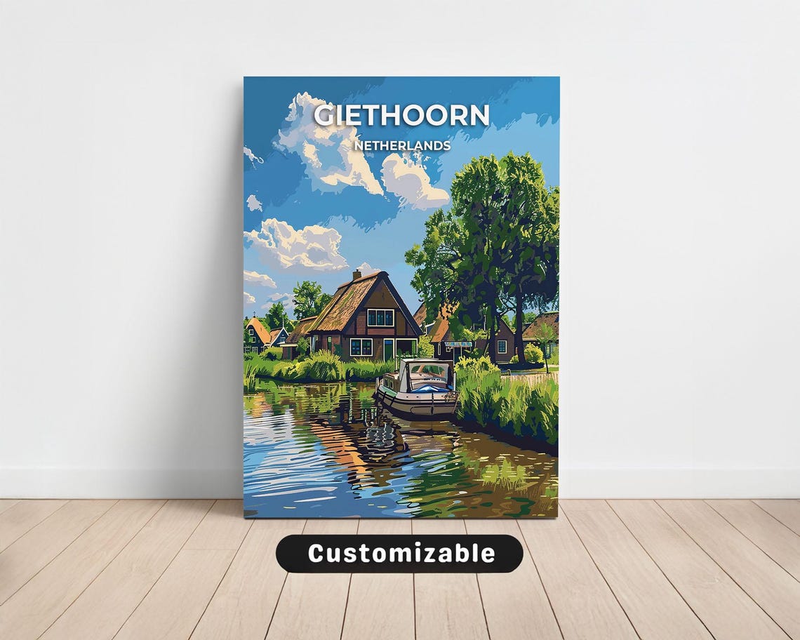 Giethoorn Netherlands Thatched Cottage Canal Retro Travel Poster