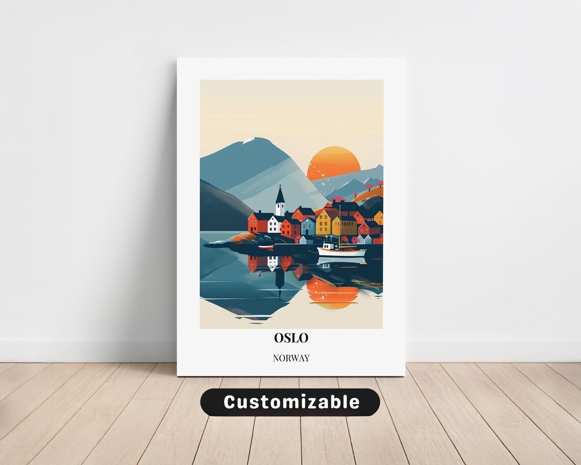Oslo Norway Harbor Village Sunset Fjord Minimalist Travel Poster