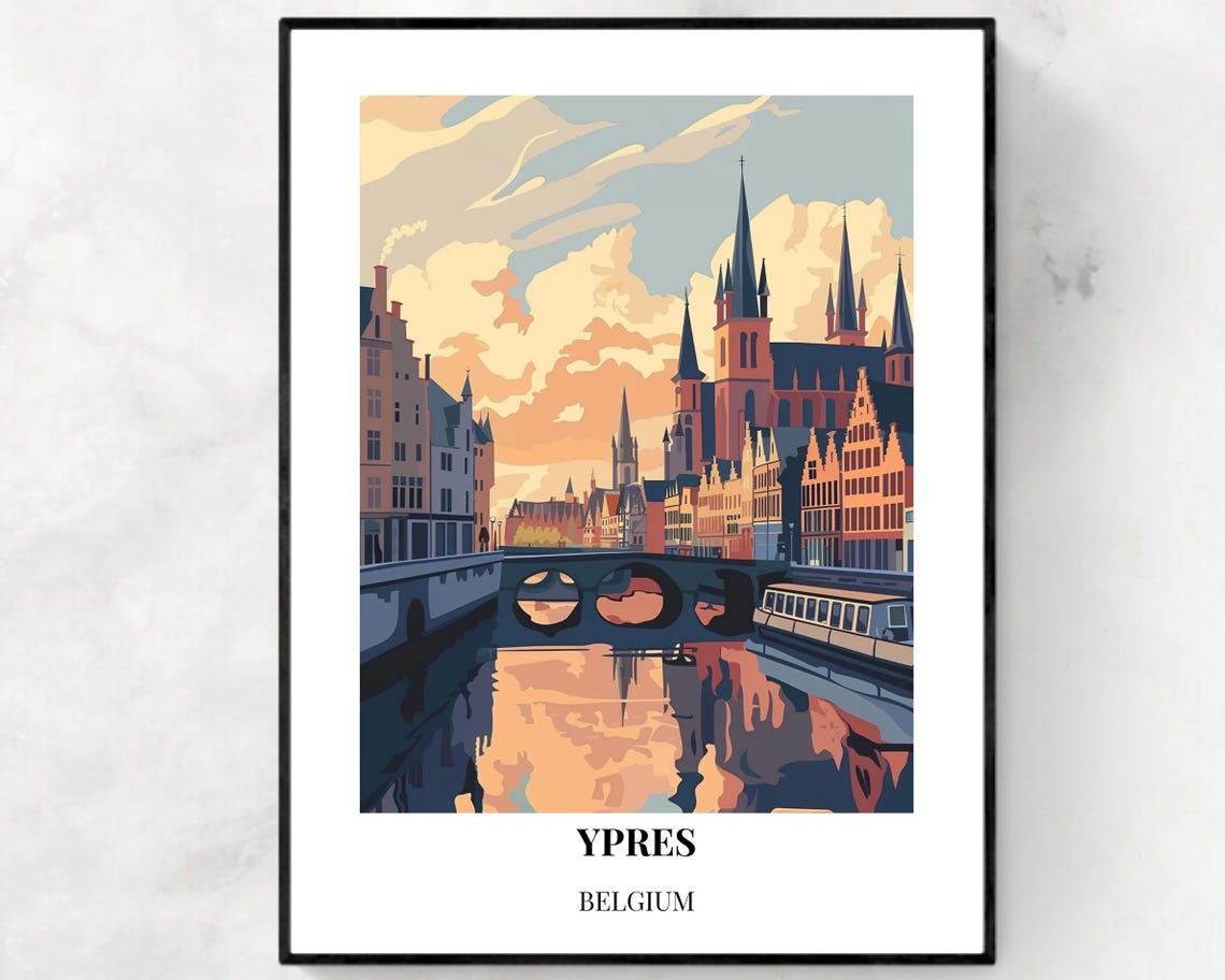 Ypres Belgium Sunset Canal Bridge and Spires Vintage Art Poster