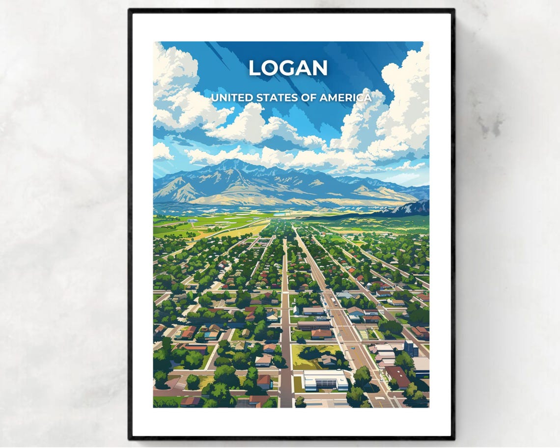 Logan Utah Aerial Valley Mountain Panorama Vintage Travel Poster