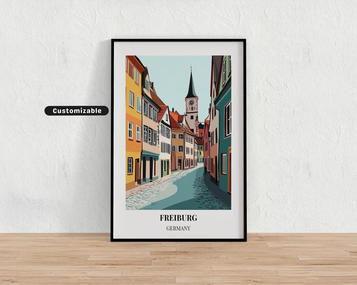Freiburg Germany Colorful Old Town Street Clock Tower Travel Poster