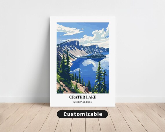 Crater Lake National Park Travel Poster Caldera Cliffs Pines Vintage Decor