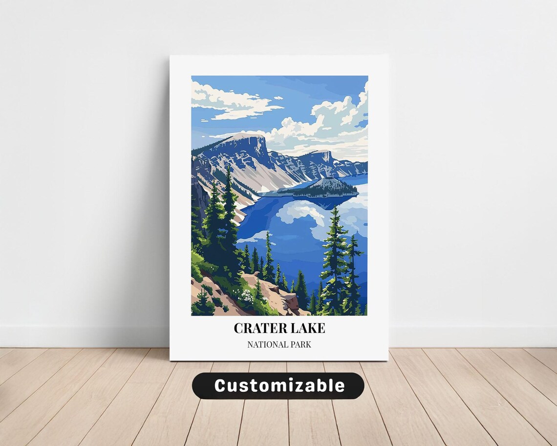 Crater Lake National Park Travel Poster Caldera Cliffs Pines Vintage Decor