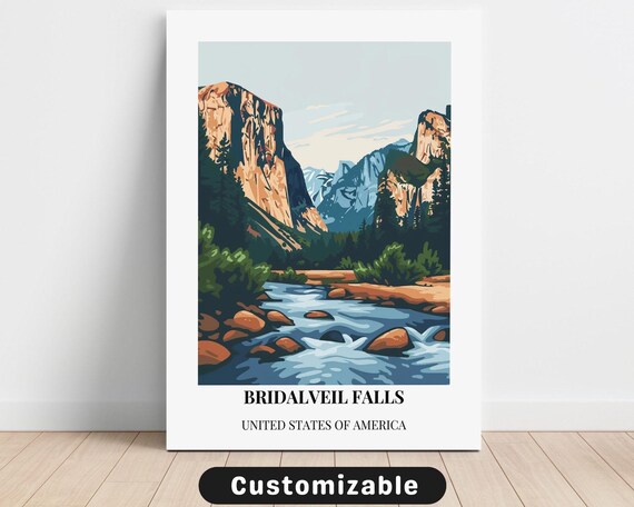 Bridalveil Falls Yosemite Valley Classic Travel Illustration Poster