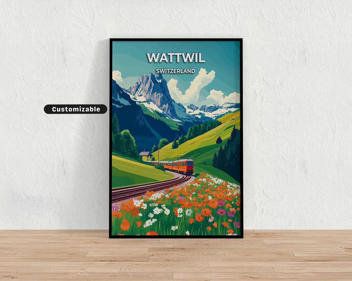 Wattwil Switzerland Red Train Alpine Meadow Flower Travel Poster