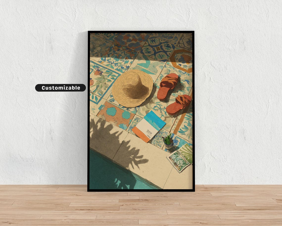 Sunny Poolside Flat Lay Straw Hat Book Summer Vacation Beach Poster