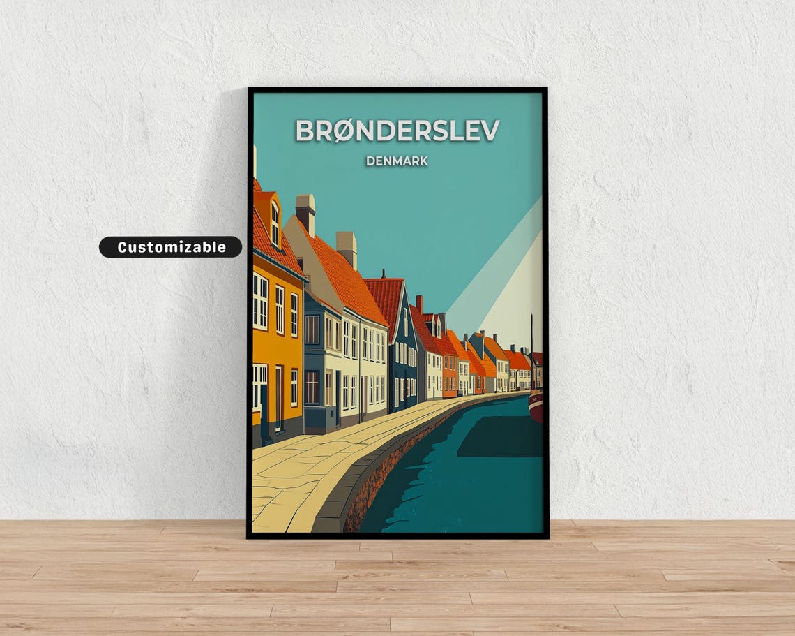 Customizable Brønderslev Denmark Canal Street Scene Travel Poster