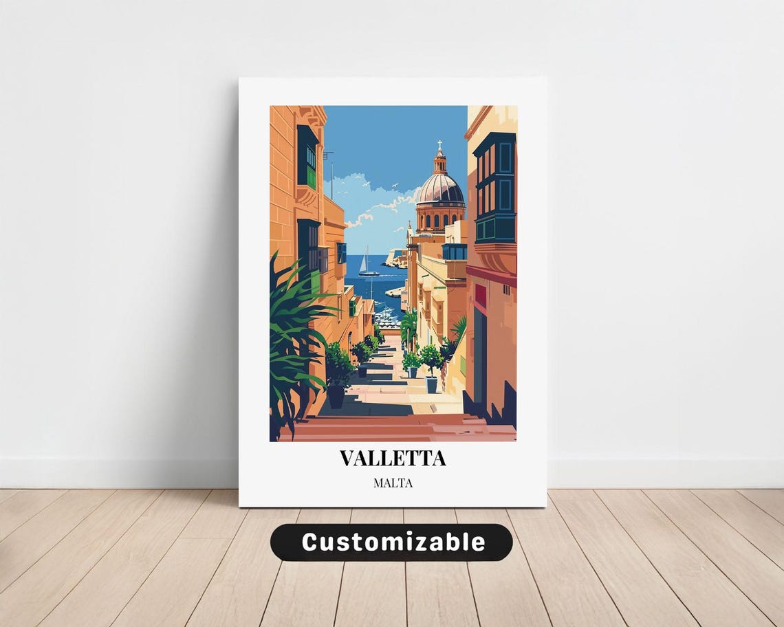 Valletta Malta Historic Harbor Street Basilica Vintage Travel Poster