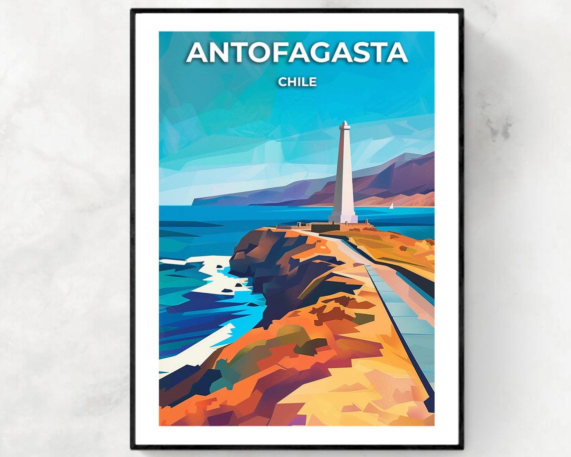 Antofagasta Chile Rocky Coast Monument Over Deep Blue Sea Poster
