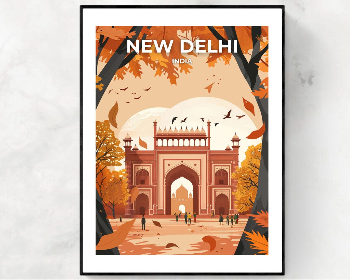 New Delhi India Historic Mughal Gateway Autumn Travel Poster
