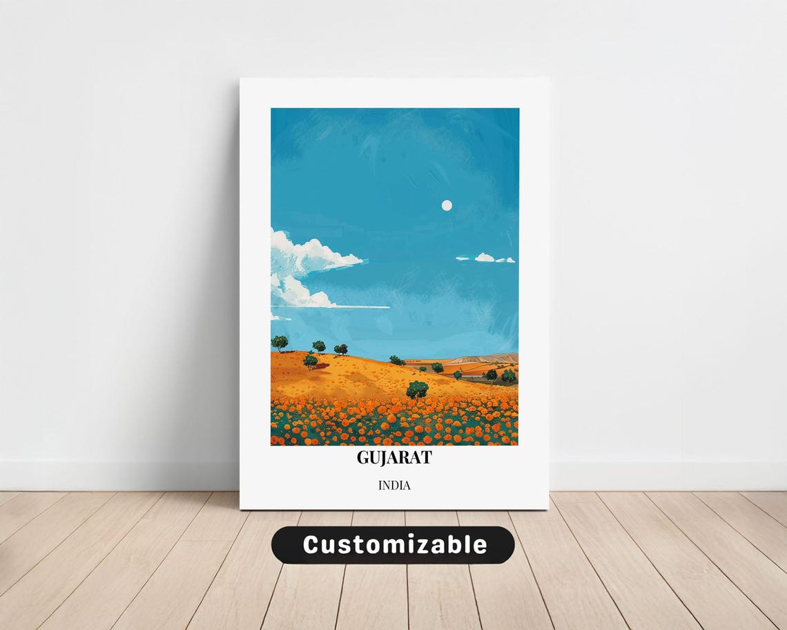 Gujarat India Golden Marigold Field Bright Blue Sky Travel Poster