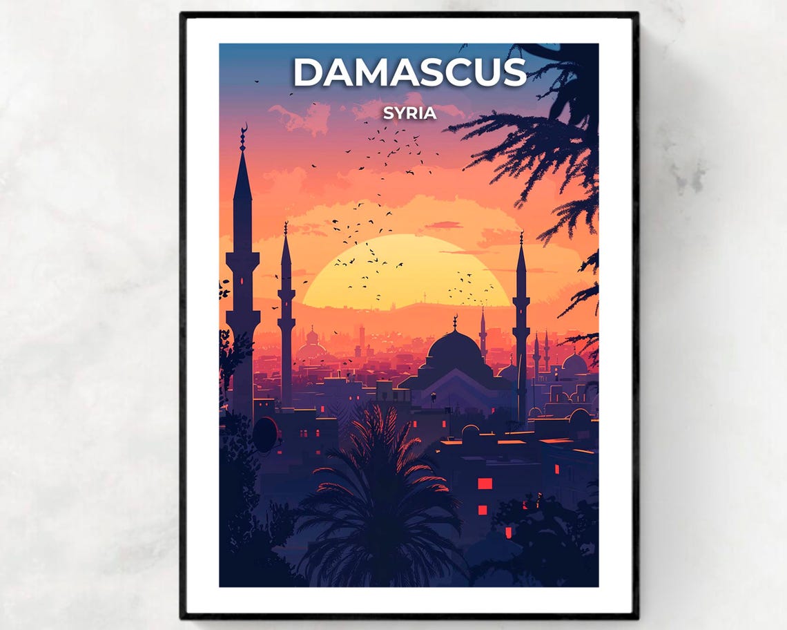 Damascus Syria Sunset Minaret Dome Silhouette Flock of Birds Poster