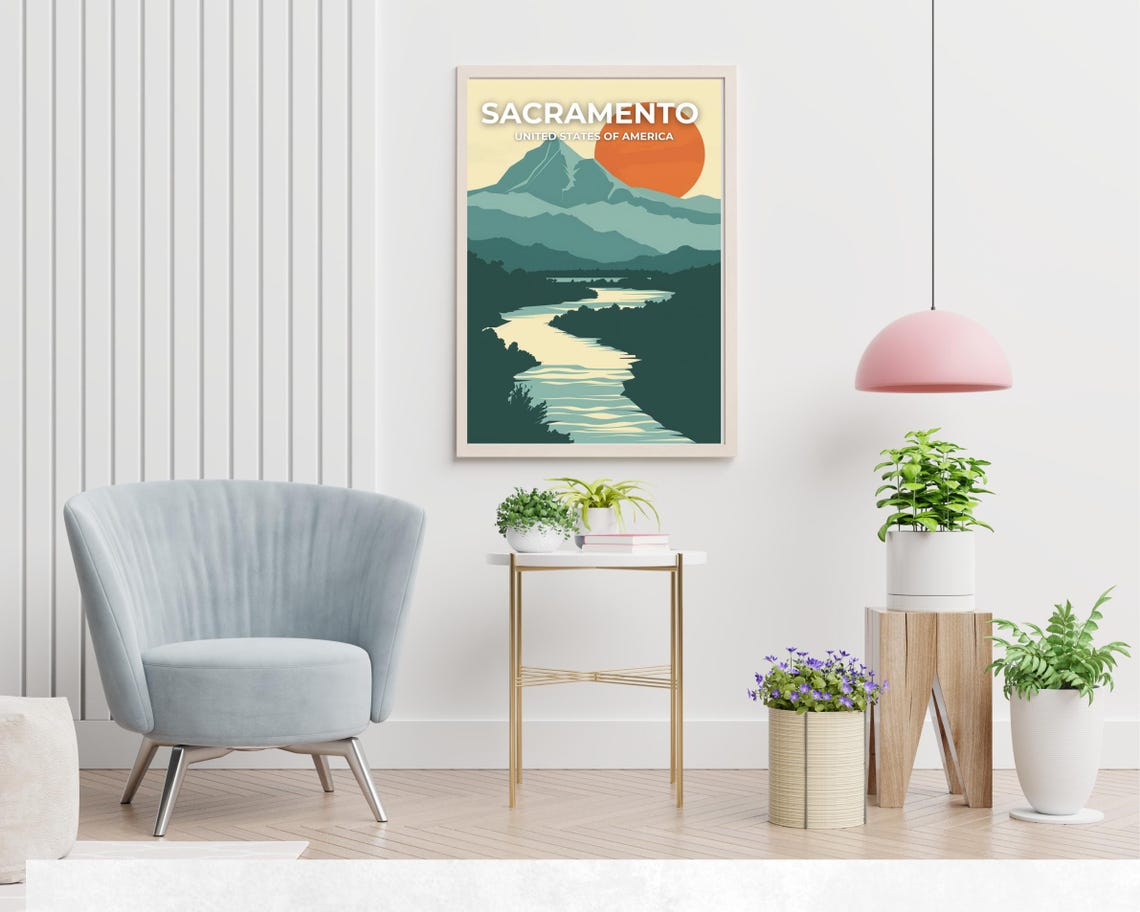 Sacramento River Mountain Sunset Minimalist Nature Travel Poster - Image 2