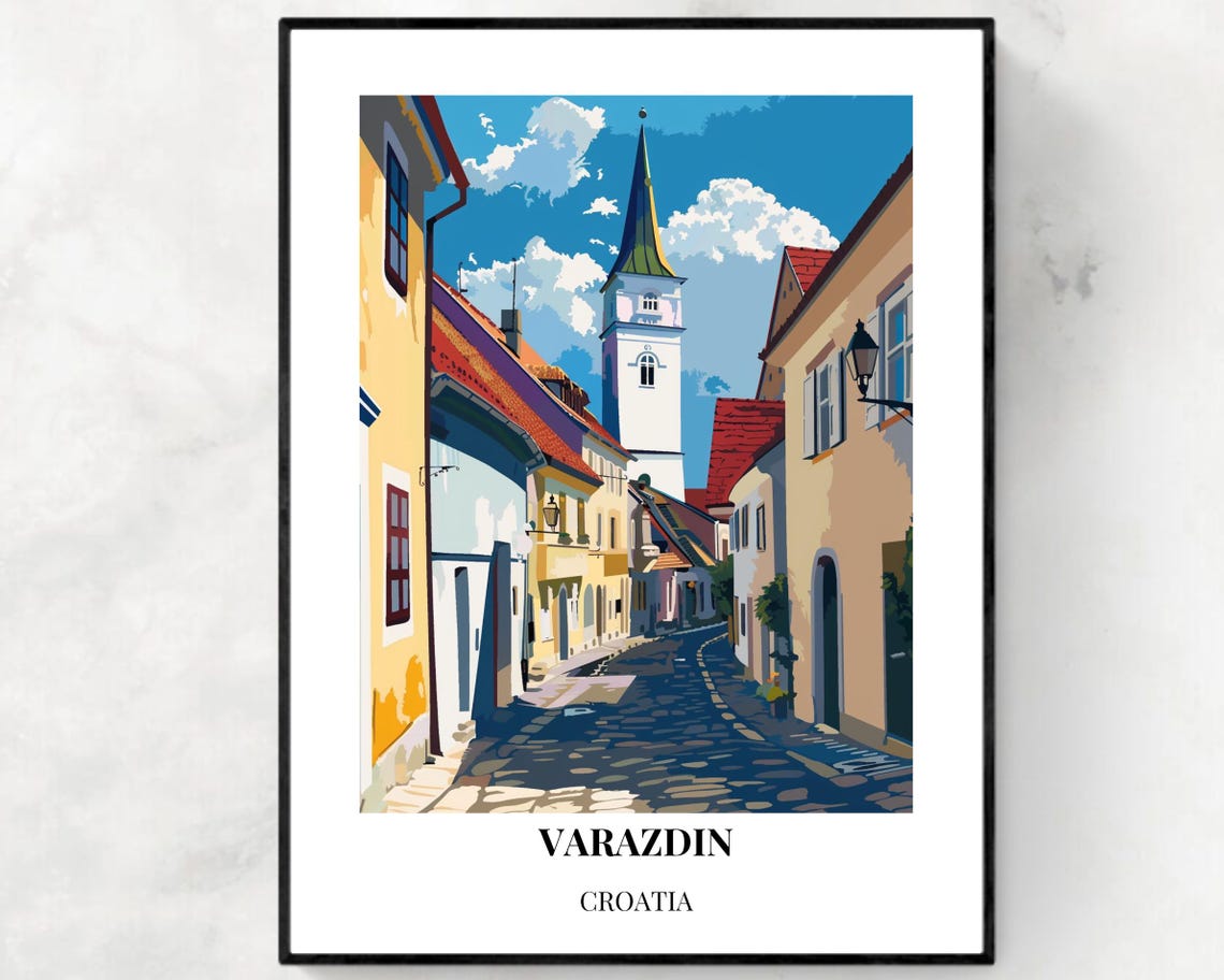 Varazdin Croatia Cobblestone Street Clock Tower Old Town Poster
