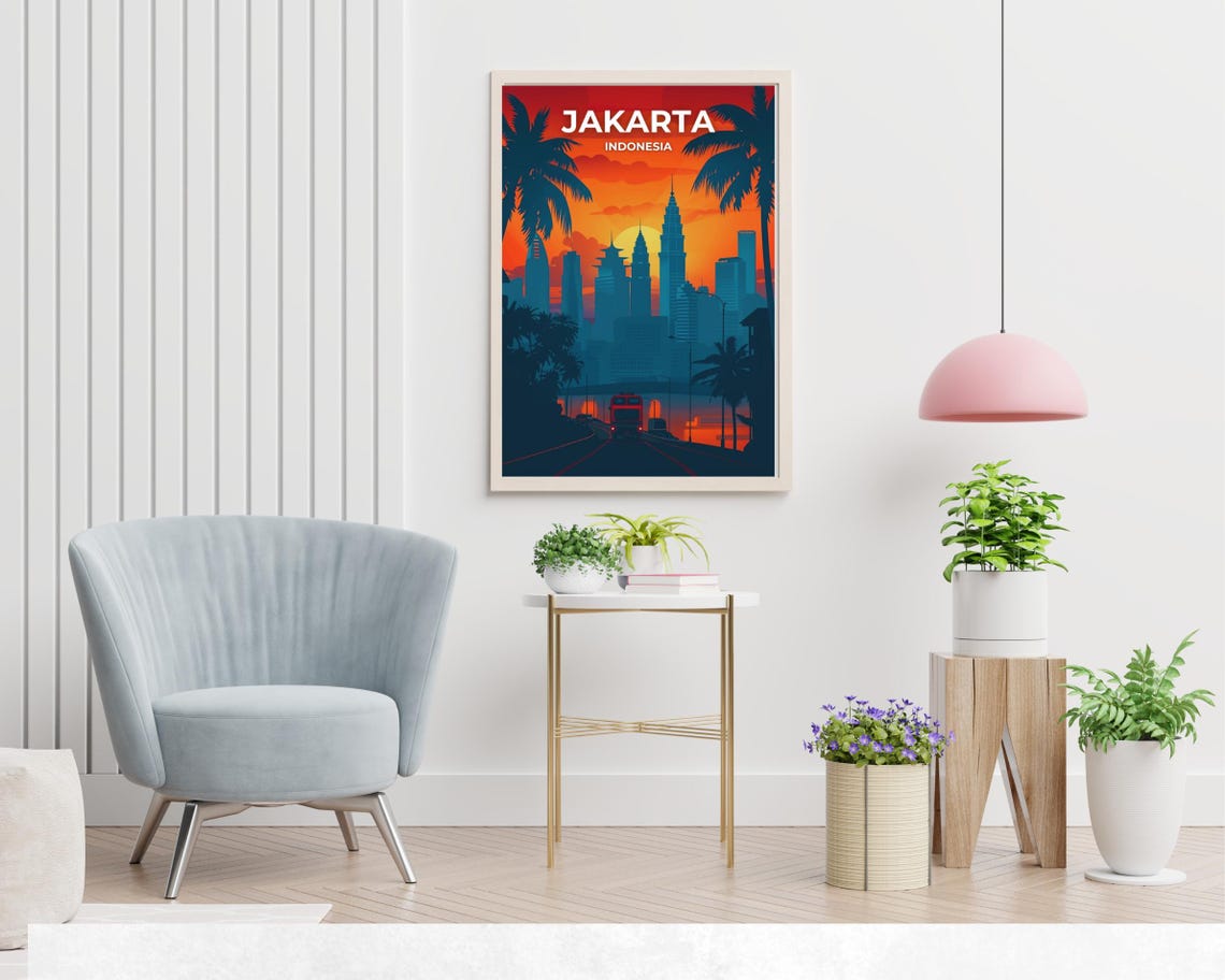 Jakarta Indonesia Fiery Sunset Skyline Palm Silhouette Travel Poster - Image 2