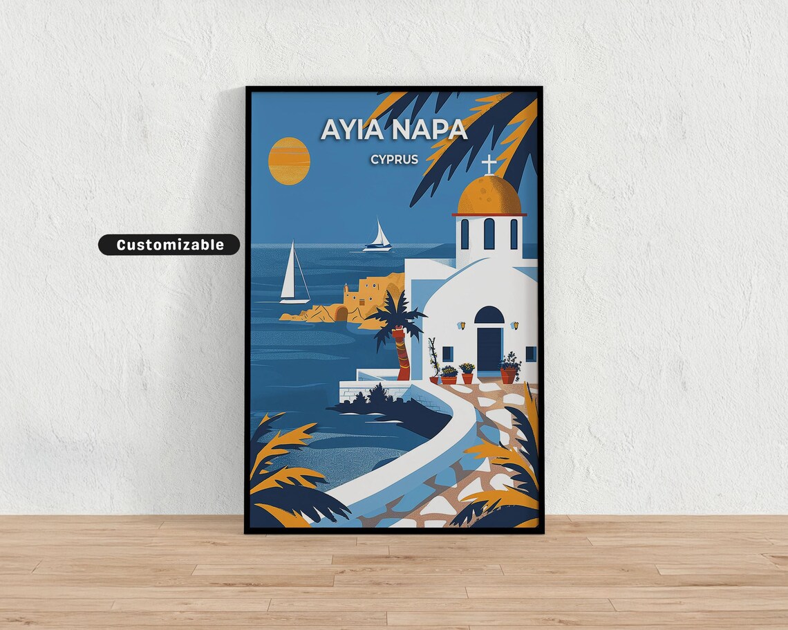 Ayia Napa Cyprus Chapel Sailboats Blue Bay Mediterranean Travel Poster