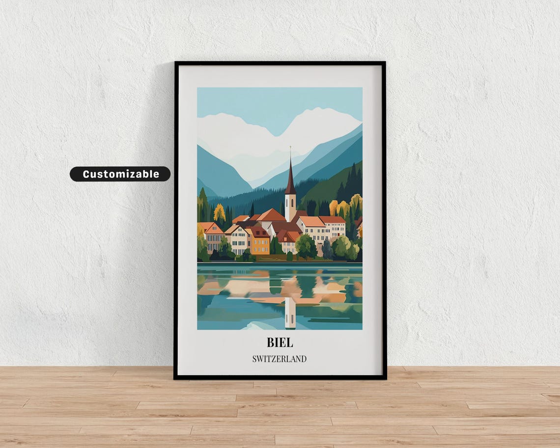 Biel Switzerland Lakeside Village Mountain View Travel Poster