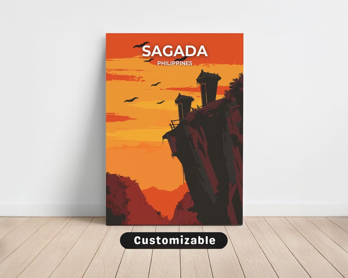 Sagada Philippines Blazing Orange Sunset Cliff Tower Travel Poster