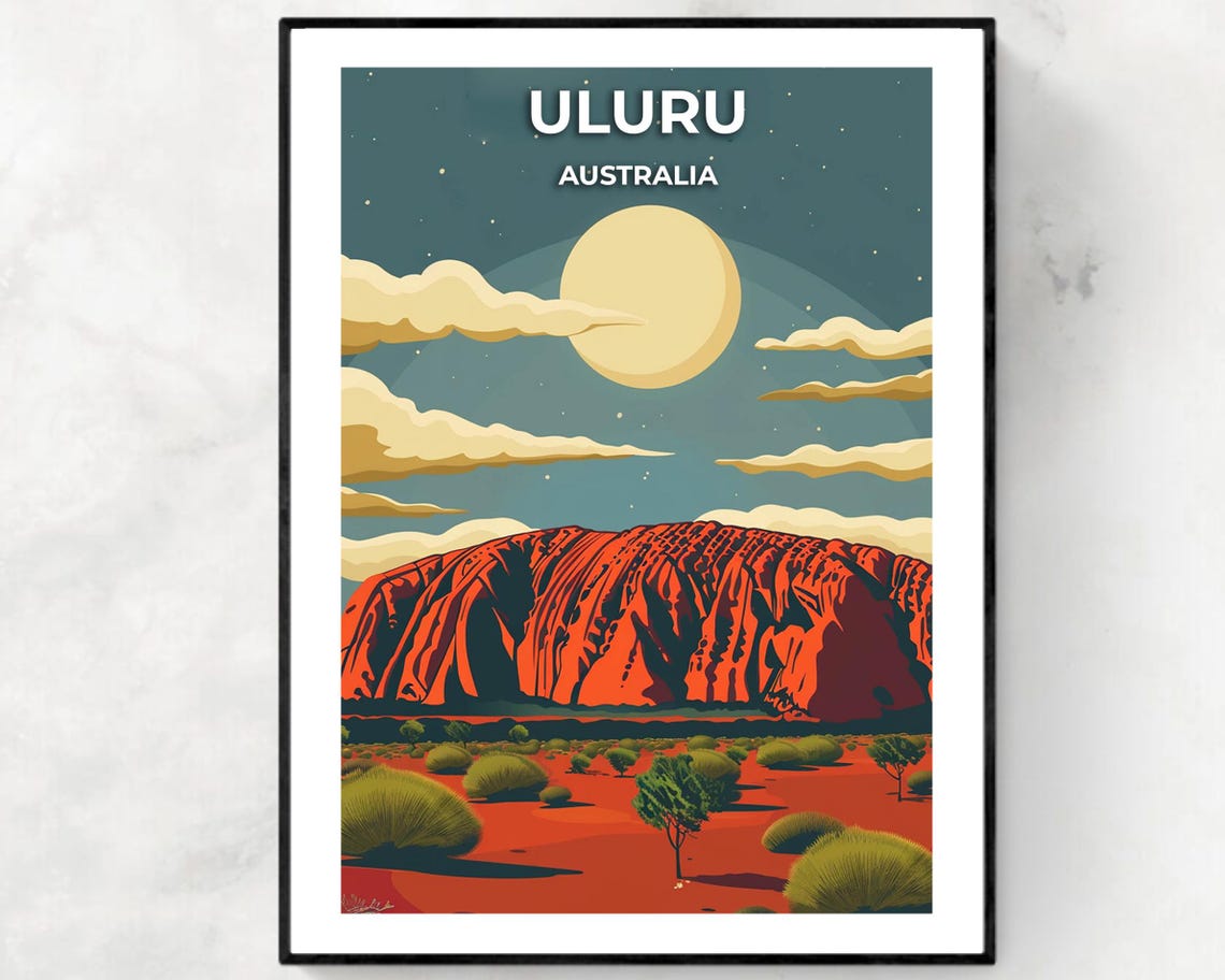 Uluru Australia Red Rock Under a Full Moon Night Sky Travel Poster