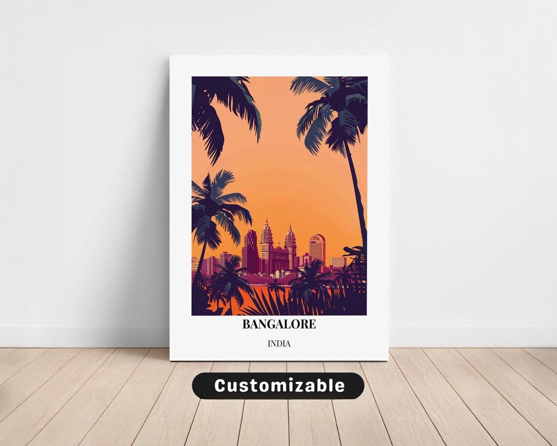 Bangalore India Sunset Skyline Palm Silhouette Travel Poster