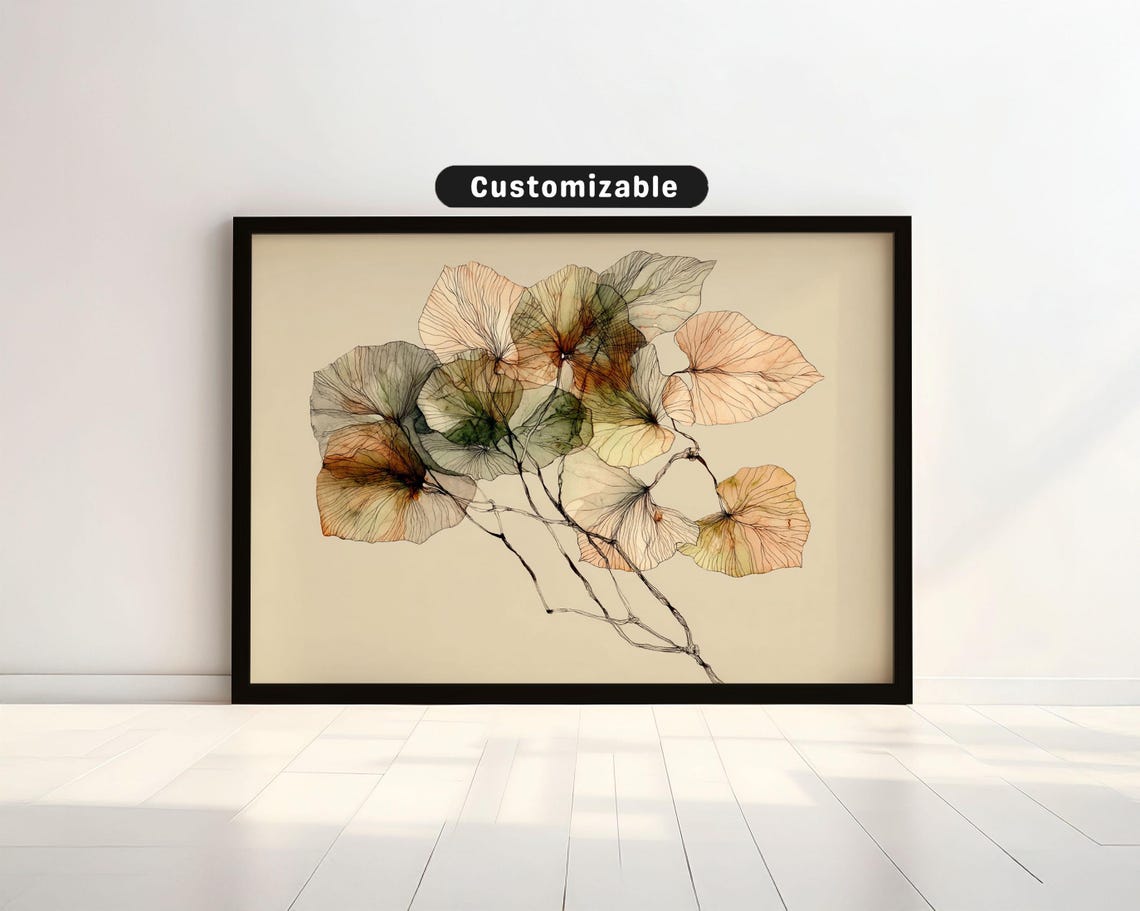 Natural Plant Shape With Faded Ink Lines Botanical Wall Art Neutral Minimal Print