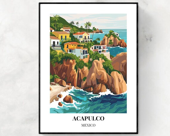 Acapulco Mexico Cliffside Villas and Ocean Waves Travel Poster