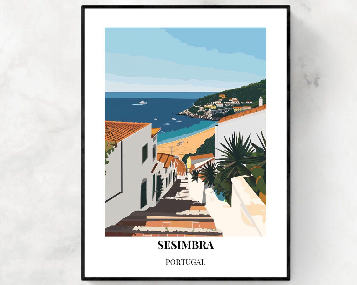 Sesimbra Portugal Beach Bay Steps White Houses Coastal Travel Poster