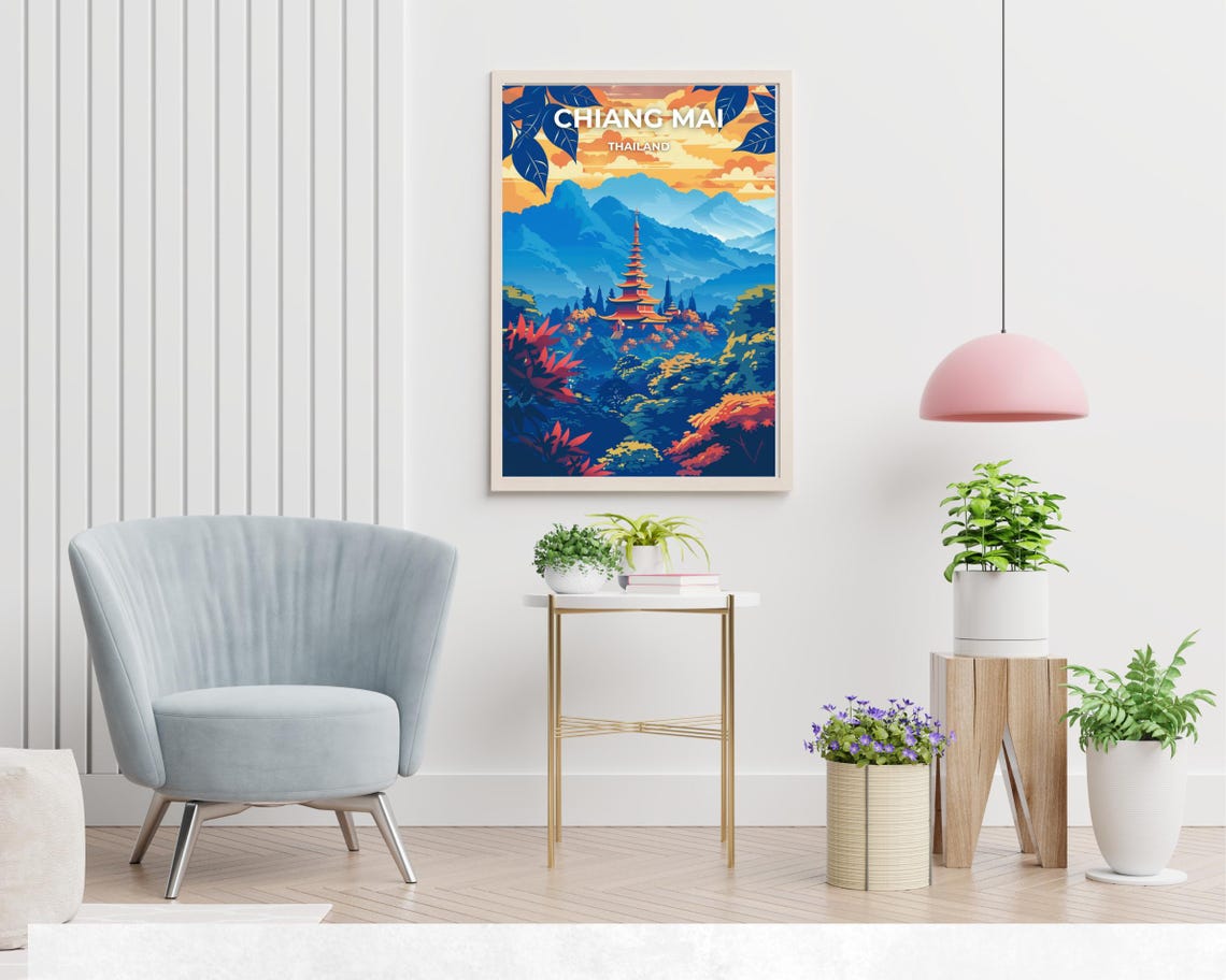 Chiang Mai Thailand Temple Mountain Sunset Dreamy Travel Poster - Image 2