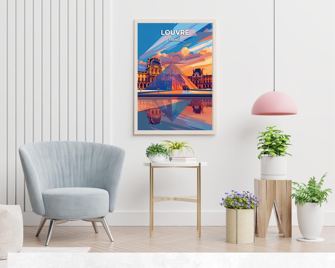 Louvre France Glass Pyramid Poster at Sunset with Water Reflection - Image 2