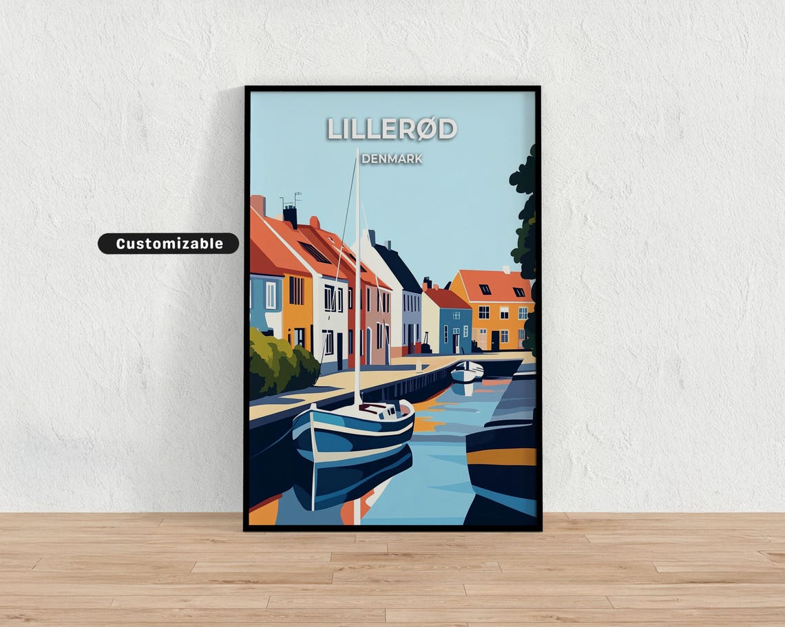 Lillerod Denmark Harbor Canal Boats Minimalist Travel Poster
