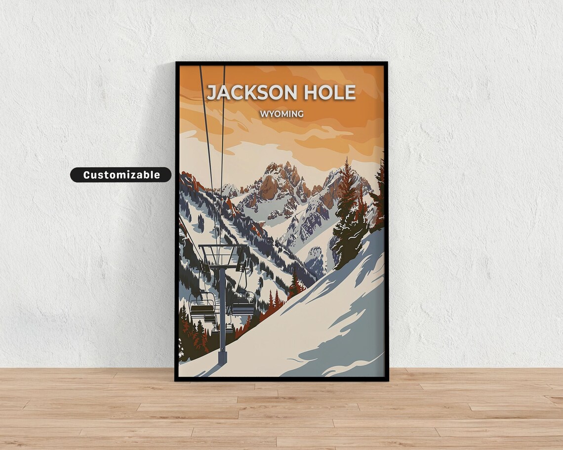 Jackson Hole Wyoming Ski Resort Travel Poster Snowy Peaks Lift Art