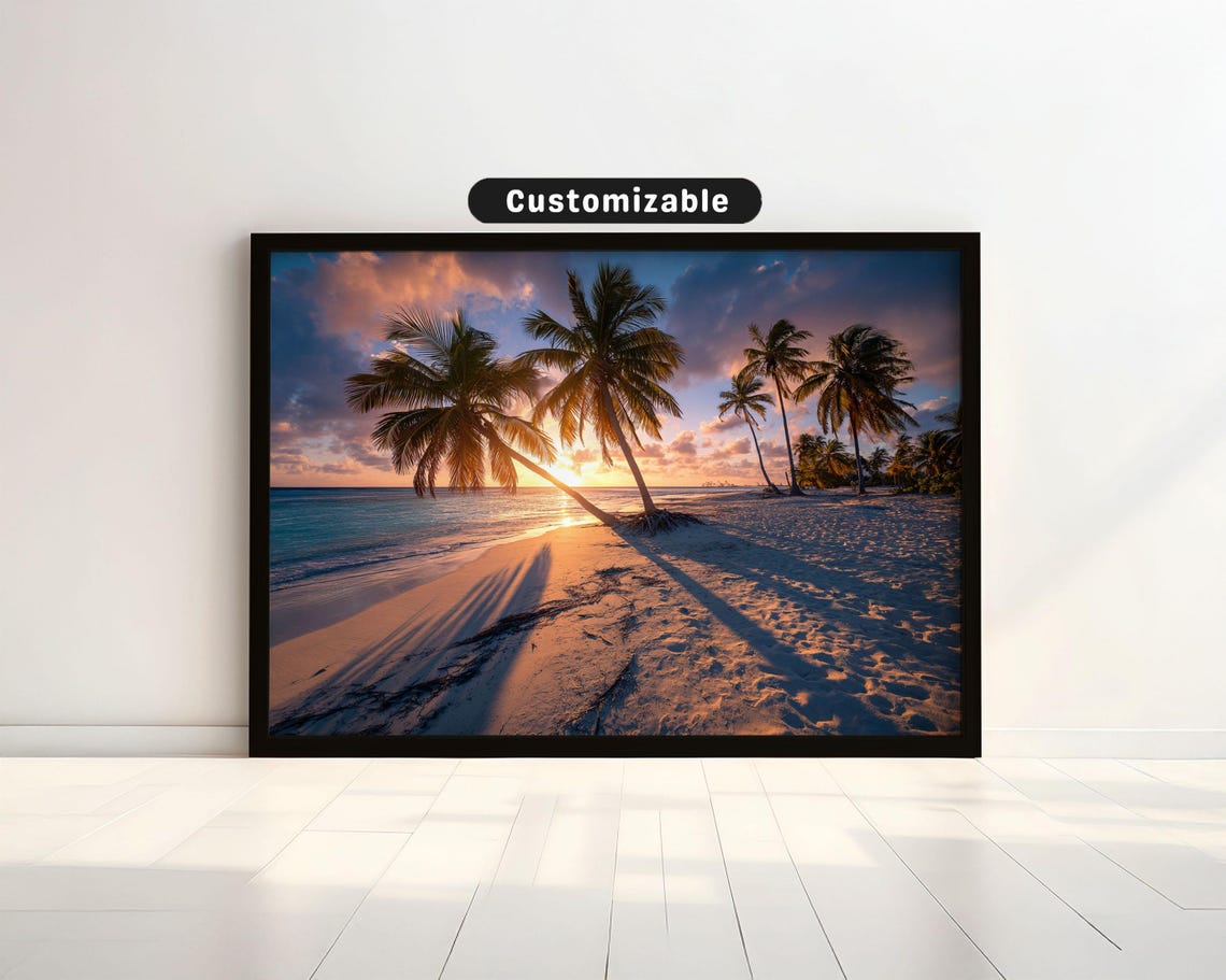 Tropical Beach Sunrise Palm Tree Shadows Sandy Shore Travel Poster