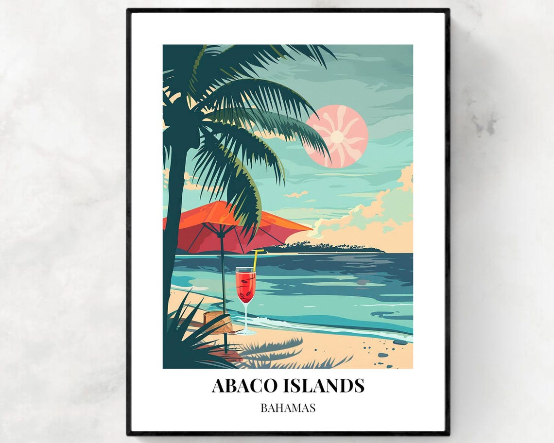 Abaco Islands Bahamas Retro Cocktail Under Palm Sunset Poster