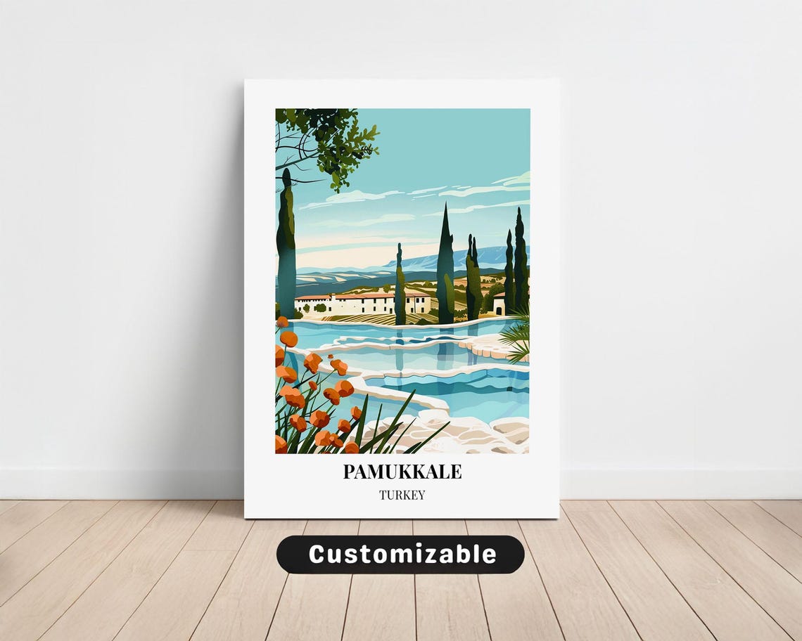 Pamukkale Turkey White Terraces Pools Cypress Vintage Travel Poster