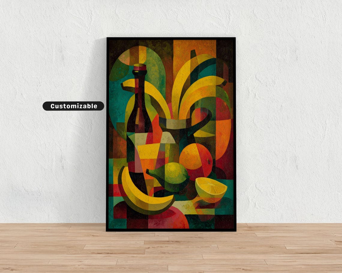 Cubist Still Life Wine Bottle Bananas Fruit Geometric Modern Poster