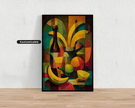 Cubist Fruit Still Life With Bananas Modern Abstract Kitchen Wall Art Bold Decor