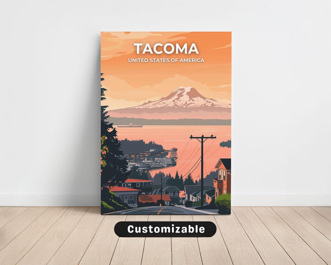 Tacoma Washington Mountain Sunset Customizable Travel Poster