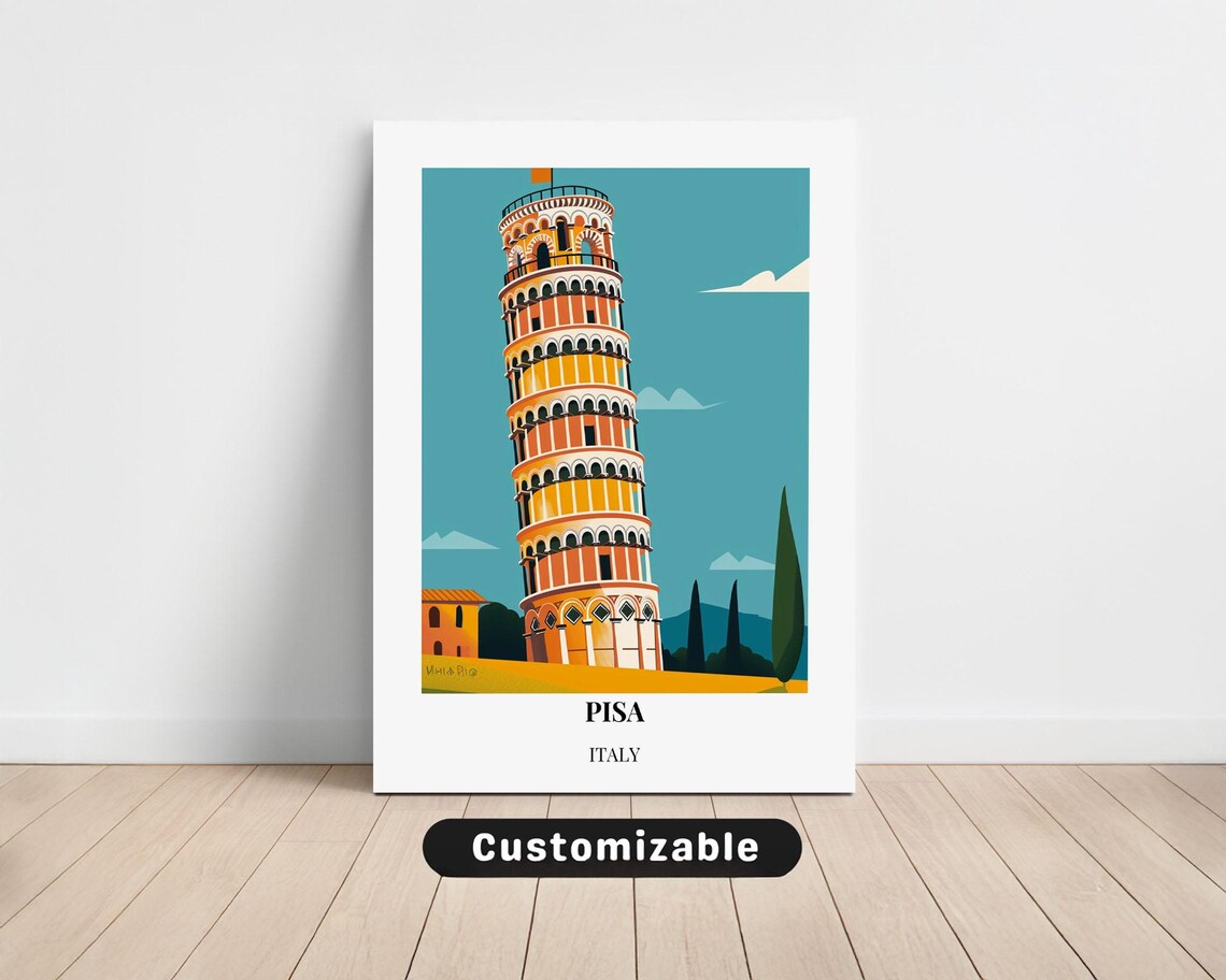 Pisa Italy Travel Leaning Tower Landmark Retro Illustration Art Print