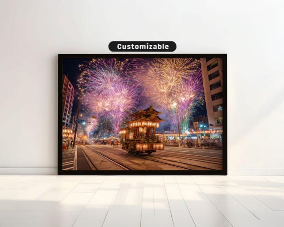 Matsuri Float Turning Corner With Fireworks Above Japanese Wall Art Print Zen Asian Decor