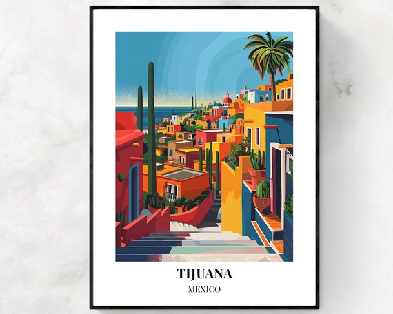 Tijuana Mexico Colorful Hillside Street and Ocean View Poster