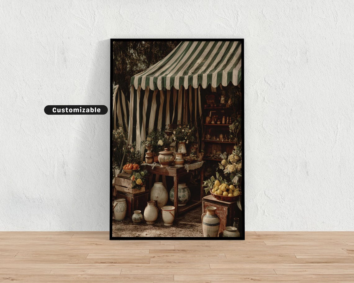Vintage Market Stall Striped Awning Rustic Pottery Flower Poster