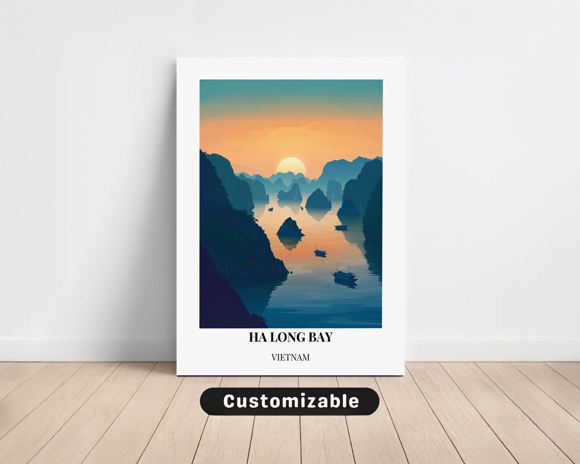 Ha Long Bay Vietnam Sunset Karsts Boats on Water Travel Poster