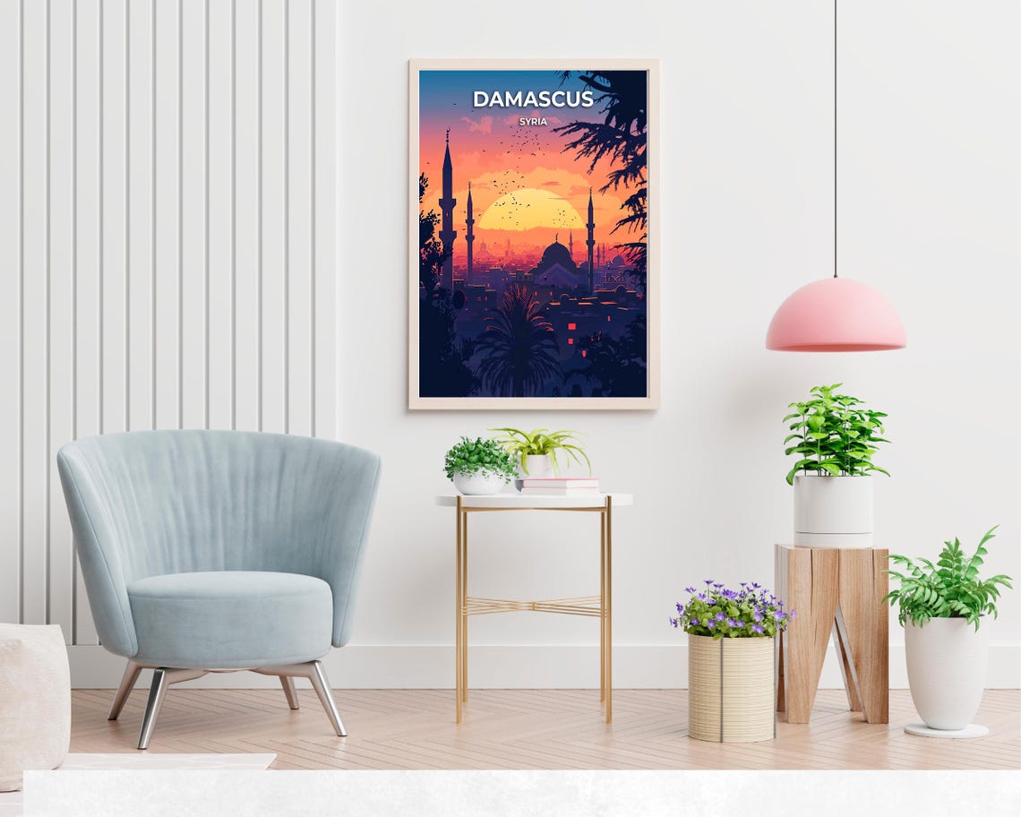 Damascus Syria Sunset Minaret Dome Silhouette Flock of Birds Poster - Image 2