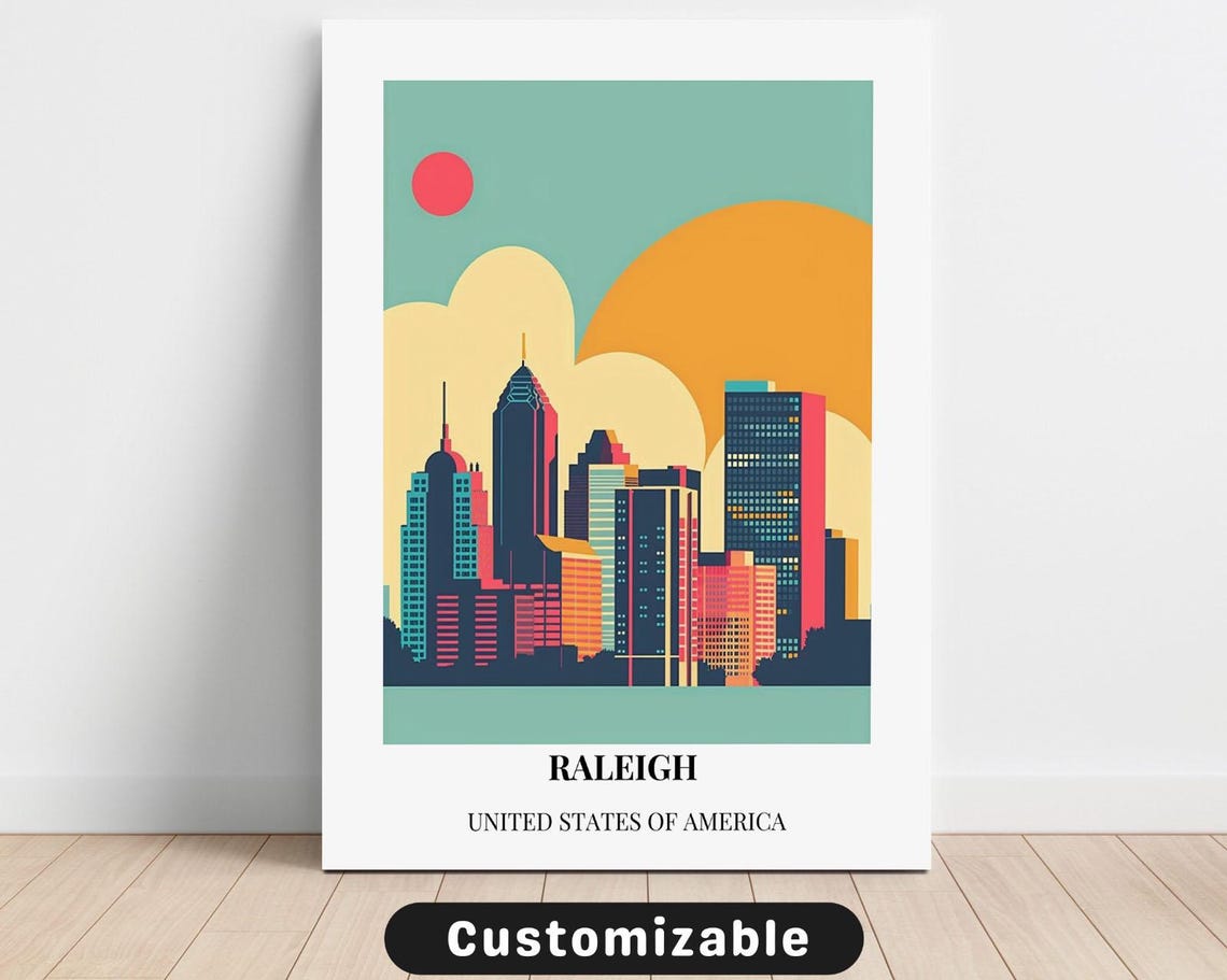 Raleigh City Skyline Urban Sunset Vintage USA Travel Poster Art