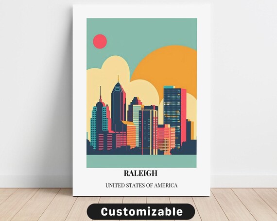 Raleigh City Skyline Urban Sunset Vintage USA Travel Poster Art